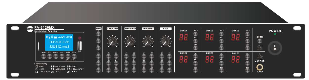 Wi-Fi Internet Streaming 6 Zone Matrix Amplifier with USB/SD/FM/Bluetooth PA-6030MW/PA-6060MW/PA-6120MW