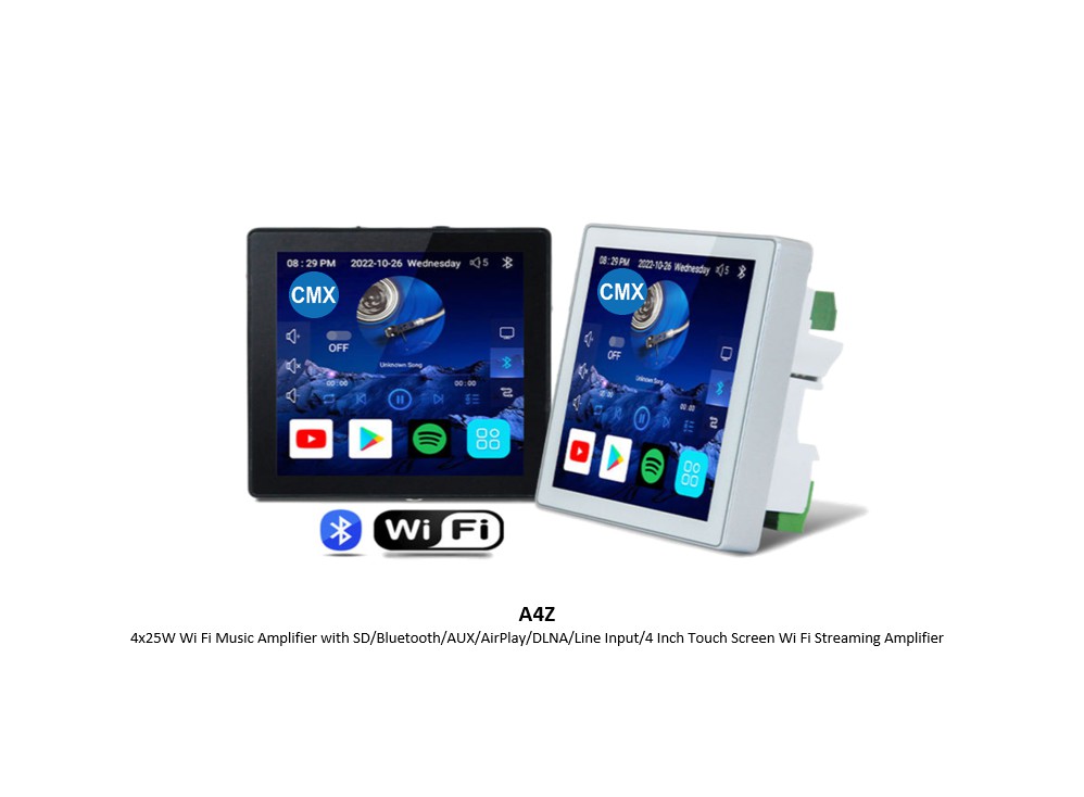 A4Z 4x25W Wi Fi Music Amplifier SD/Bluetooth/AUX/AirPlay/DLNA/Line Input/4 Inch Touch Screen Wi Fi Streaming Amplifier